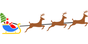 Reindeer pulling Santa in a sleigh